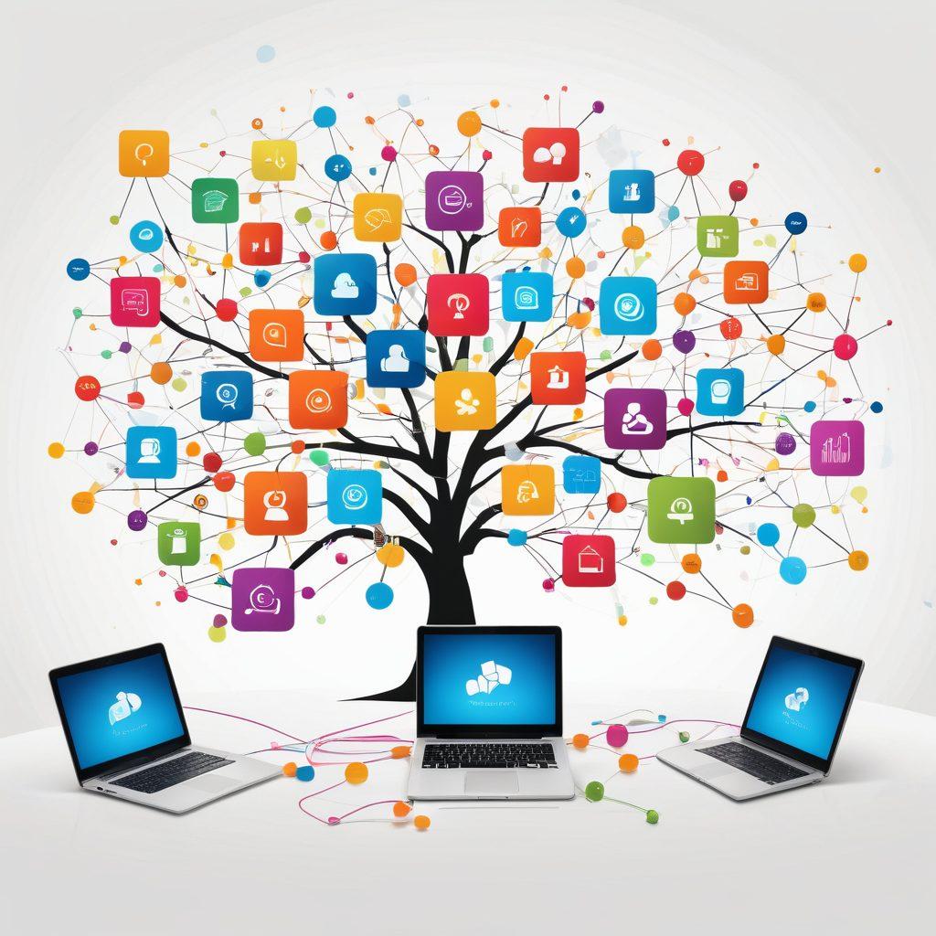 A vibrant digital landscape representing a thriving blogging community, featuring diverse individuals engaged in discussion and exchanging ideas. Include elements symbolizing networking, like interconnected nodes or social media icons, and marketing strategies, such as colorful graphs and strategy boards. The setting should evoke a sense of collaboration and creativity, with bright colors and a welcoming atmosphere. super-realistic. vibrant colors. white background.