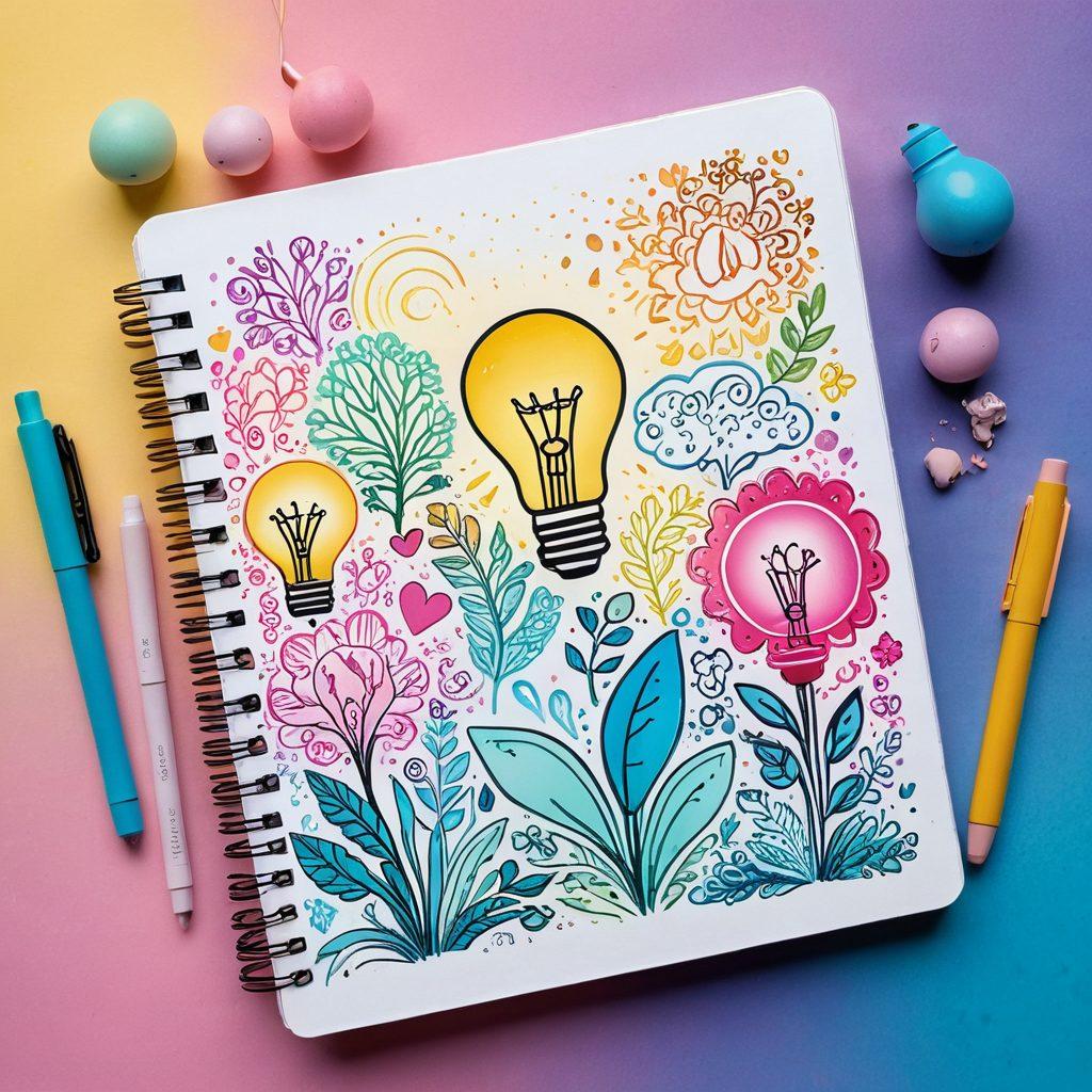 A whimsical digital diary with colorful pages, filled with quirky doodles and vibrant sketches of ideas transforming into engaging content. Surrounding the diary, creative elements like light bulbs, inks, and a blooming plant symbolize growth and inspiration. The background should be a dreamy pastel gradient to evoke a sense of creativity and vibrancy. super-realistic. vibrant colors. soft-focus.