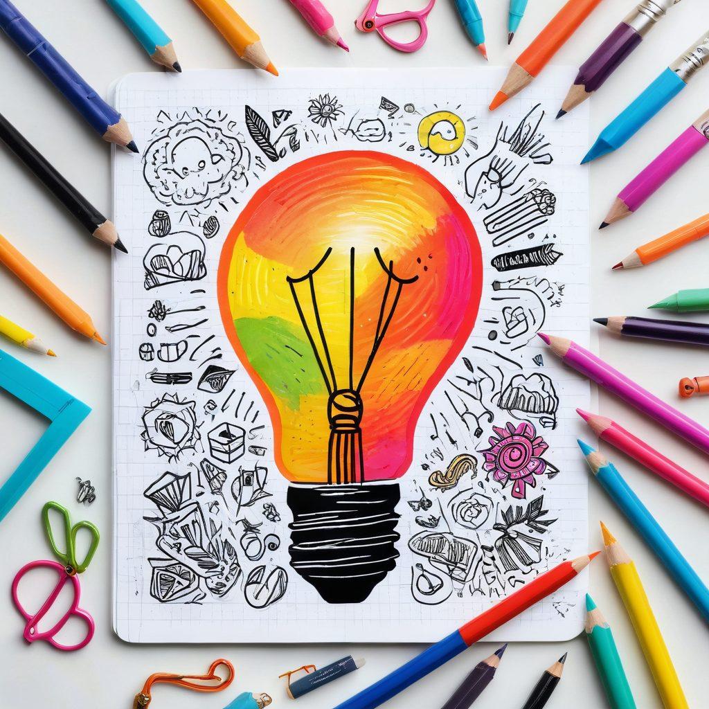 A vibrant digital diary page filled with colorful notes, doodles, and creative brainstorming ideas. Include a lightbulb symbolizing creativity, surrounded by artistic tools like a paintbrush, digital tablet, and quirky stationery. The background should feature an abstract blend of colors representing inspiration. super-realistic. vibrant colors. white background.